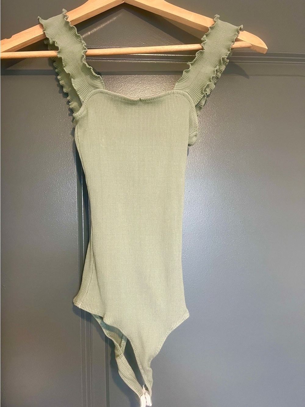 Francesca's Collections Sage Green Ribbed Ruffle Strap Bodysuit
